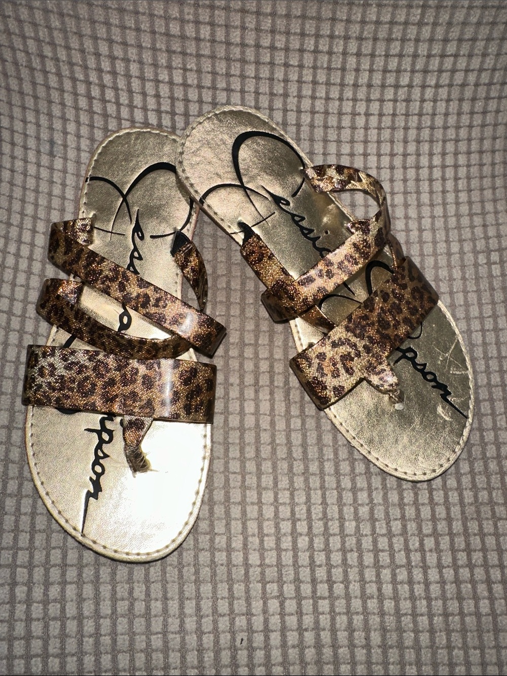 Girls 13M Jessica Simpson Leopard Print Triple-Strap Slide Sandals - Gold